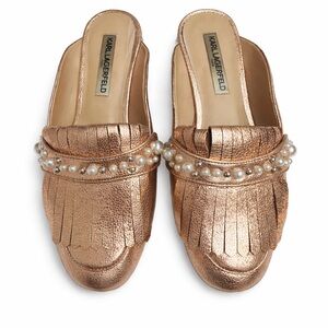 Karl Lagerfeld Metallic Bronze Pearl Fringe Mule Loafers 9.5M Designer Slip On
